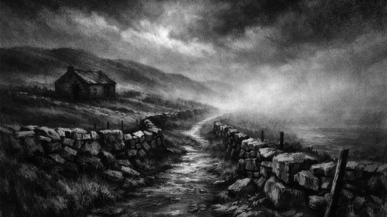 Pusti otočni krajolik s maglom i kamenim zidovima, osjećaj samoće, charcoal film noir stil.