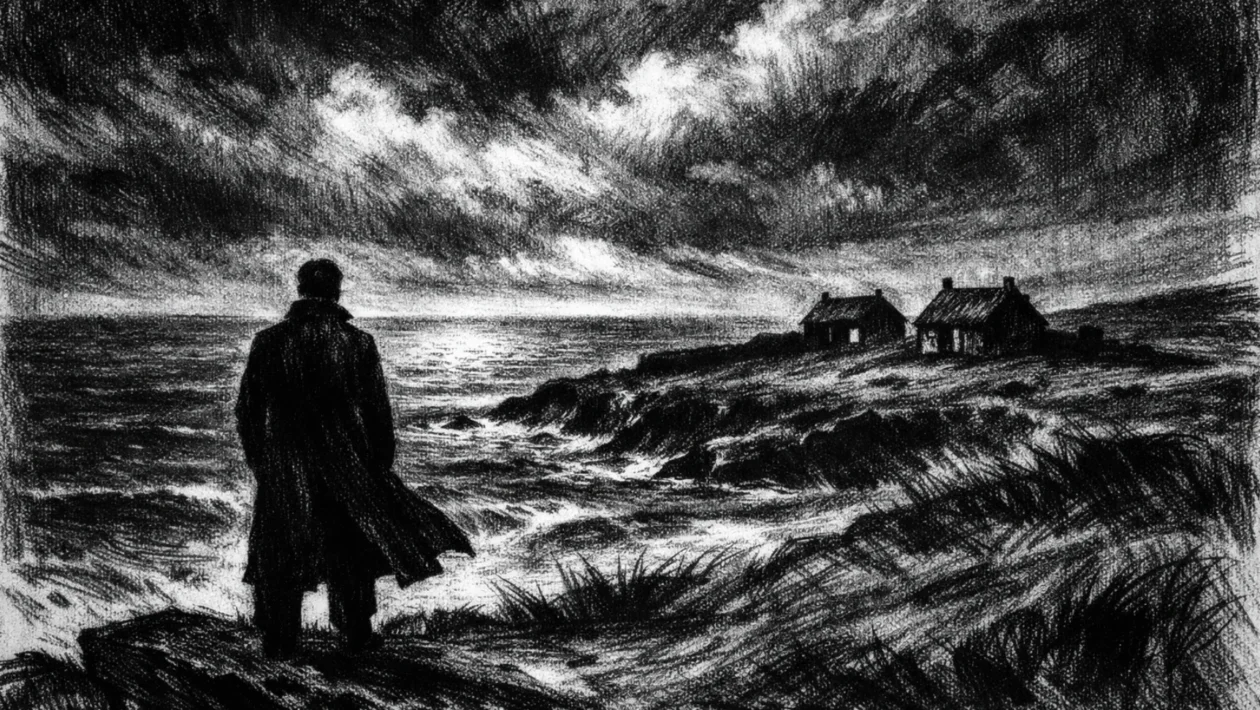 Usamljena figura na obali u tišini, snažne sjene i melankolija, charcoal film noir stil.