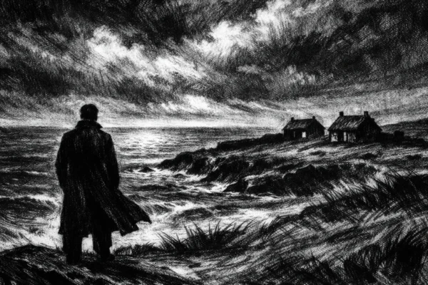 Usamljena figura na obali u tišini, snažne sjene i melankolija, charcoal film noir stil.