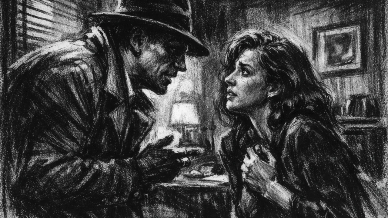 Dramska scena u charcoal film noir stilu