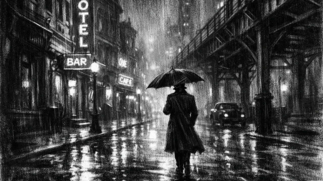 Atmosferska urbana ilustracija u charcoal film noir stilu
