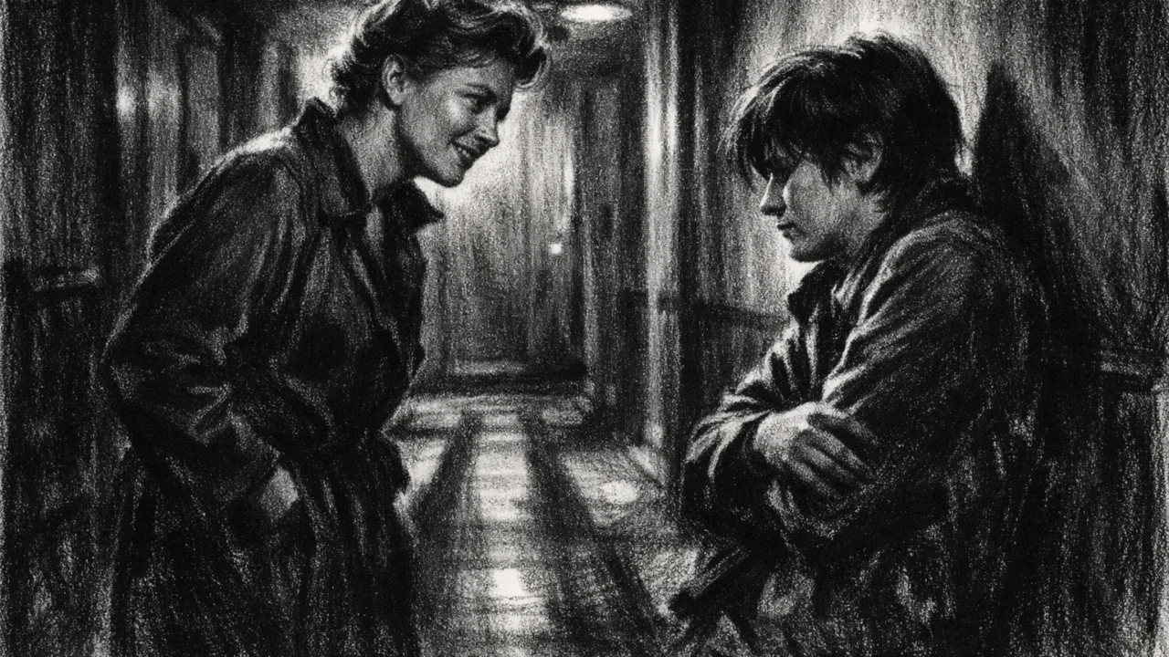Dvoje ljudi u razgovoru u mračnom hodniku, naglašene sjene i izrazi lica, prikazano u charcoal film noir stil s jakim kontrastom.