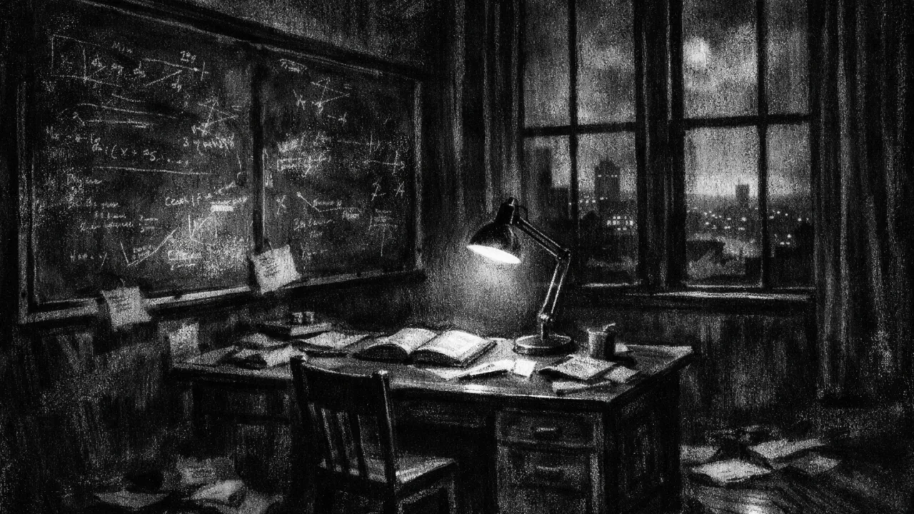 Prazna radna soba noću s pločama i svjetlom lampe, simbol znanja i samoće, prikazana u charcoal film noir stil, crno-bijela i kontrastna.