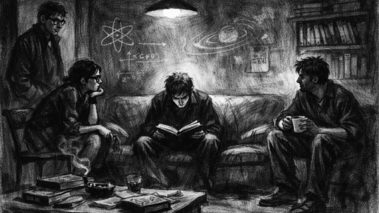 Filmski poster s više silueta u zatvorenom prostoru, izrađen u charcoal film noir stil, crno-bijeli kontrast, duboke sjene i melankolična atmosfera.