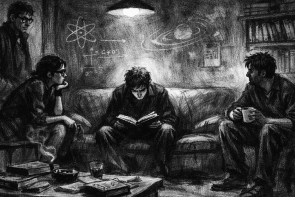 Filmski poster s više silueta u zatvorenom prostoru, izrađen u charcoal film noir stil, crno-bijeli kontrast, duboke sjene i melankolična atmosfera.