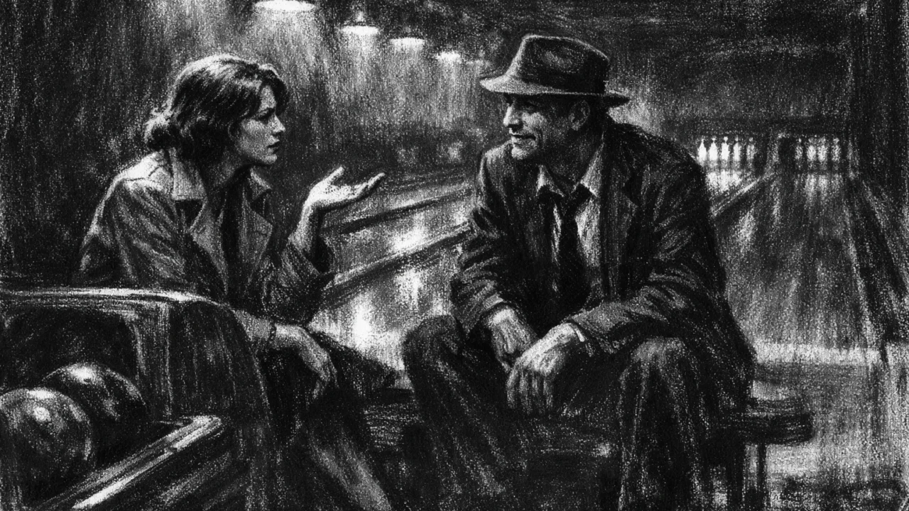 Dvoje ljudi u tihom razgovoru u mračnoj kuglani, dugačke sjene i melankolično svjetlo, charcoal film noir stil.