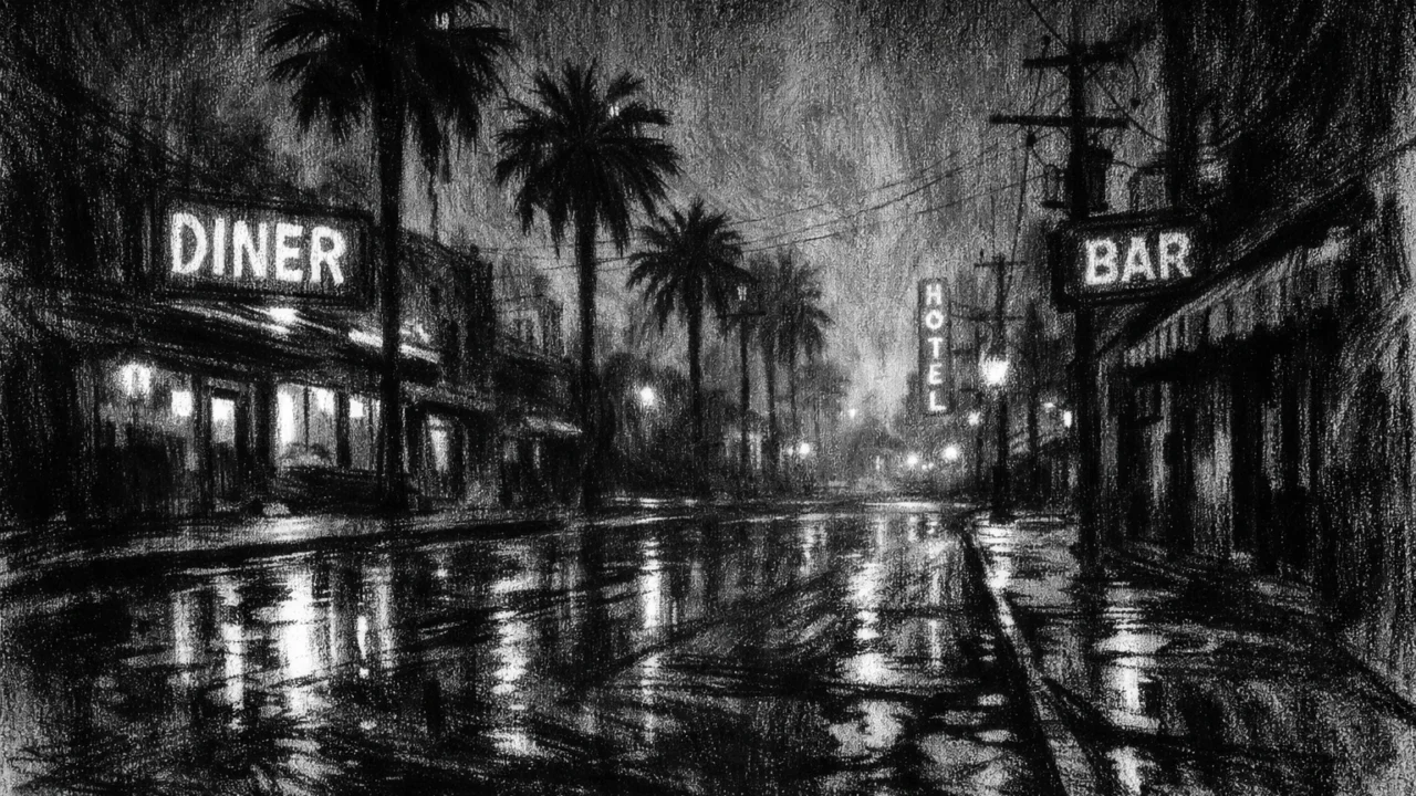Prazna noćna ulica s palmama i maglom, refleksije svjetla na asfaltu, u charcoal film noir stilu.