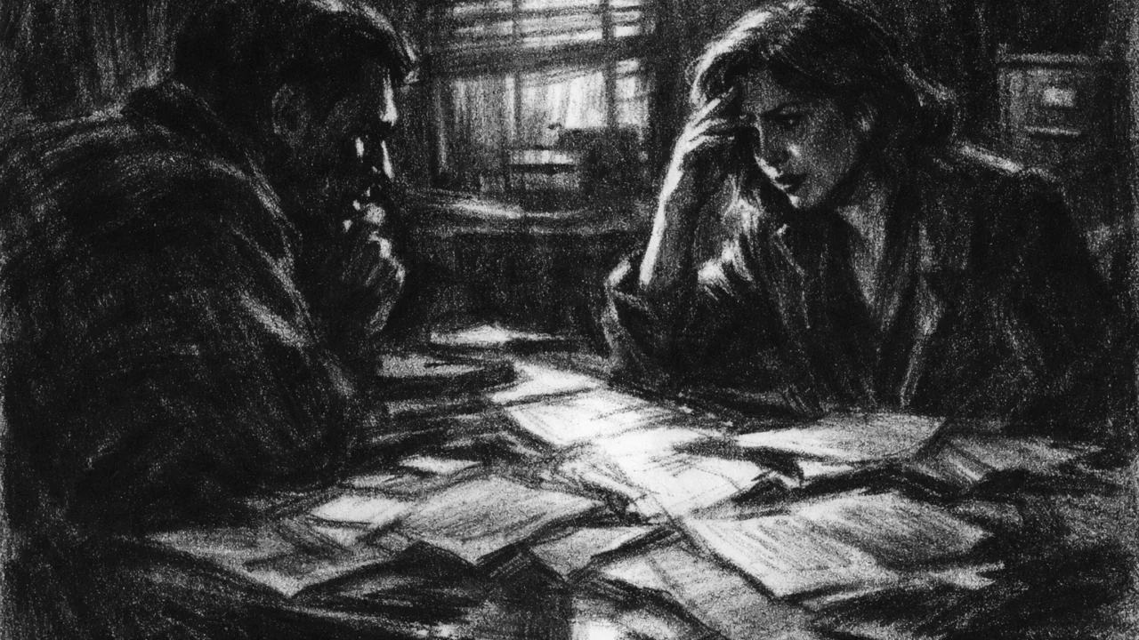 Dvoje ljudi u napetom razgovoru u mračnoj prostoriji, prikazano u charcoal film noir stilu s jakim kontrastom i dramatičnim svjetlom.