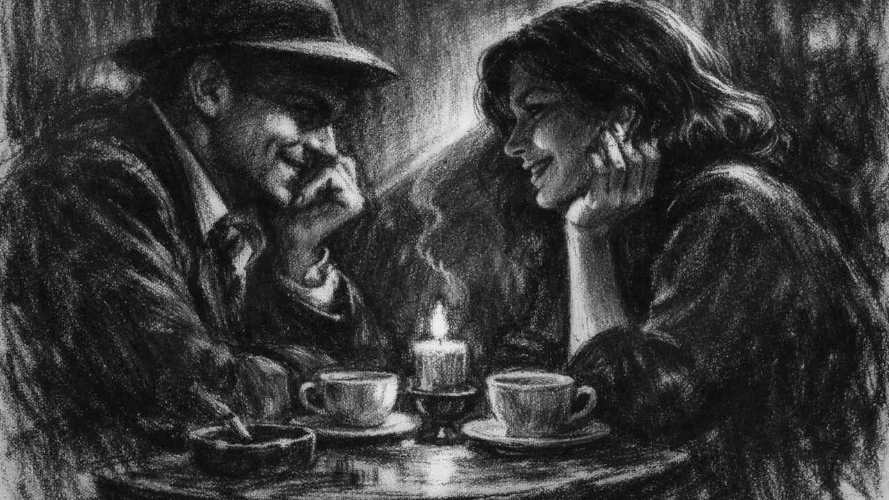 Intimna scena razgovora dvoje ljudi u kafiću, charcoal film noir stil, snažan kontrast svjetla i sjene, emotivna bliskost i tiha napetost.