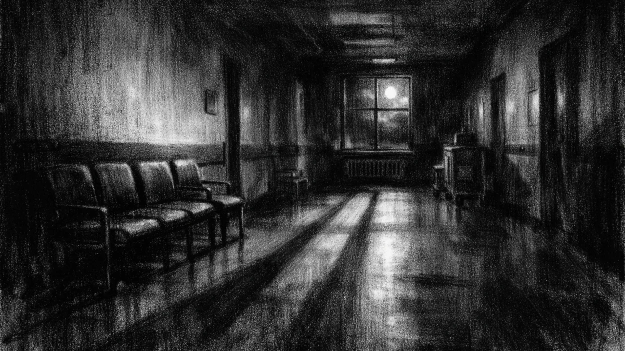 Prazan bolnički hodnik u noći, charcoal film noir stil, duboke sjene i melankolična atmosfera čekanja i emotivne izdržljivosti.
