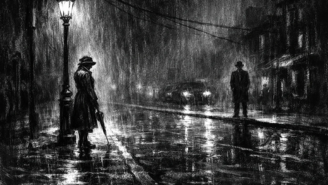 Filmski poster u crno-bijeloj tehnici, charcoal film noir stil, usamljena figura pod uličnom svjetiljkom, duboke sjene i emotivna atmosfera puna tihe nade.