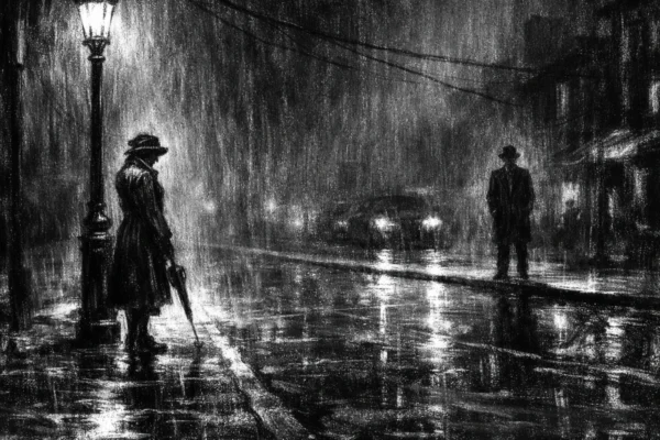 Filmski poster u crno-bijeloj tehnici, charcoal film noir stil, usamljena figura pod uličnom svjetiljkom, duboke sjene i emotivna atmosfera puna tihe nade.
