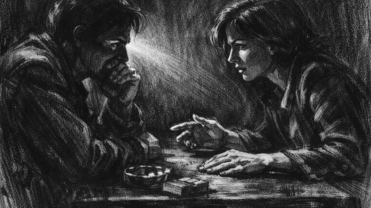 Dvije osobe u napetom razgovoru za stolom, lica u sjeni, snažno svjetlo i kontrast, charcoal film noir stil s naglašenom emocionalnom napetošću.