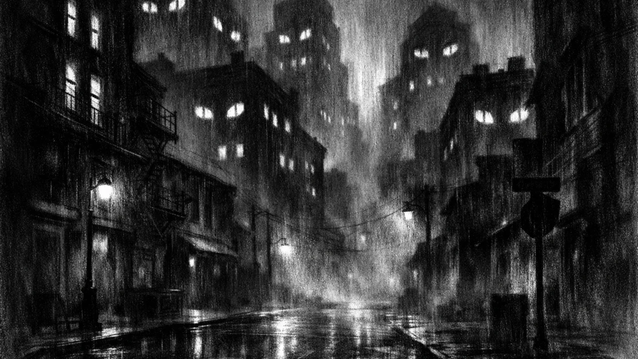 Noćni gradski pejzaž u kiši i magli, prazne ulice i visoke zgrade, snažan kontrast svjetla, charcoal film noir stil s mračnom atmosferom.