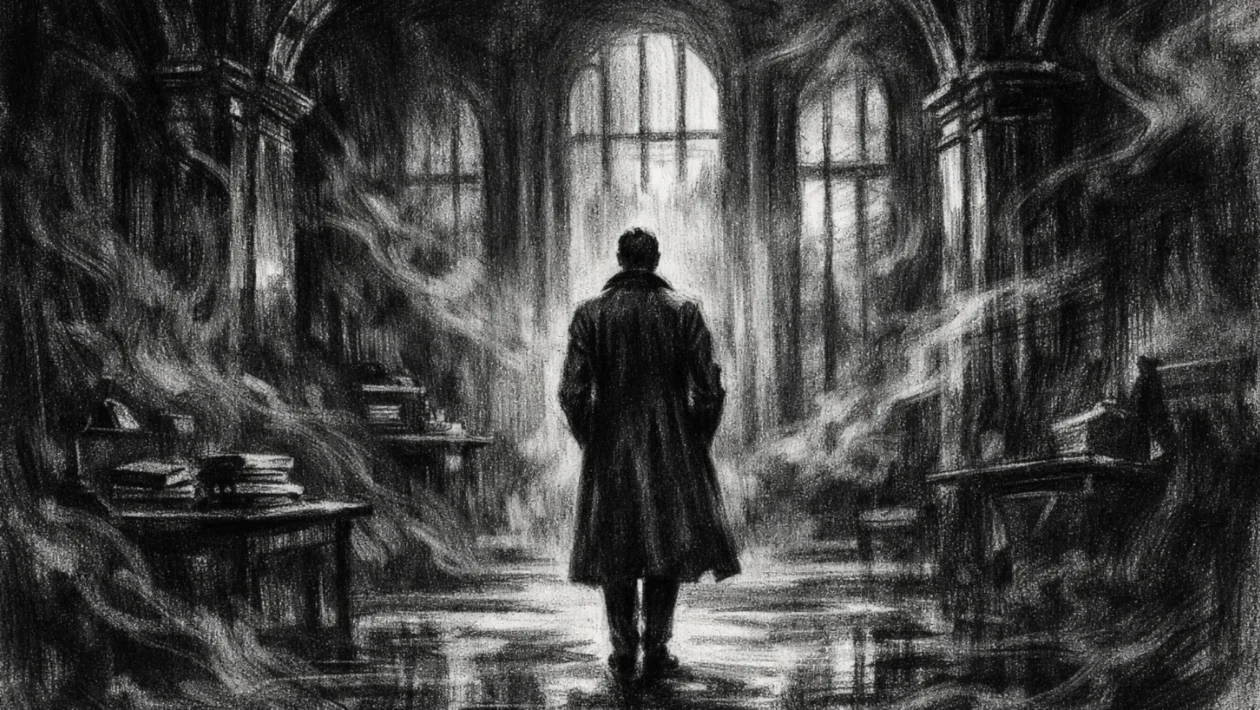 Kinematografski poster s usamljenom figurom u tamnom interijeru, snažan kontrast svjetla i sjene, charcoal film noir stil, crno-bijela atmosfera puna misterija.