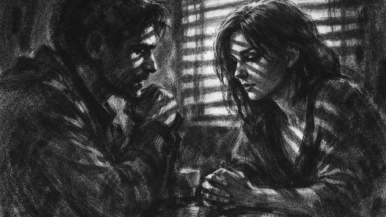 Dvoje ljudi u tihom razgovoru u polumraku, naglašene sjene i emotivna napetost, charcoal film noir stil.