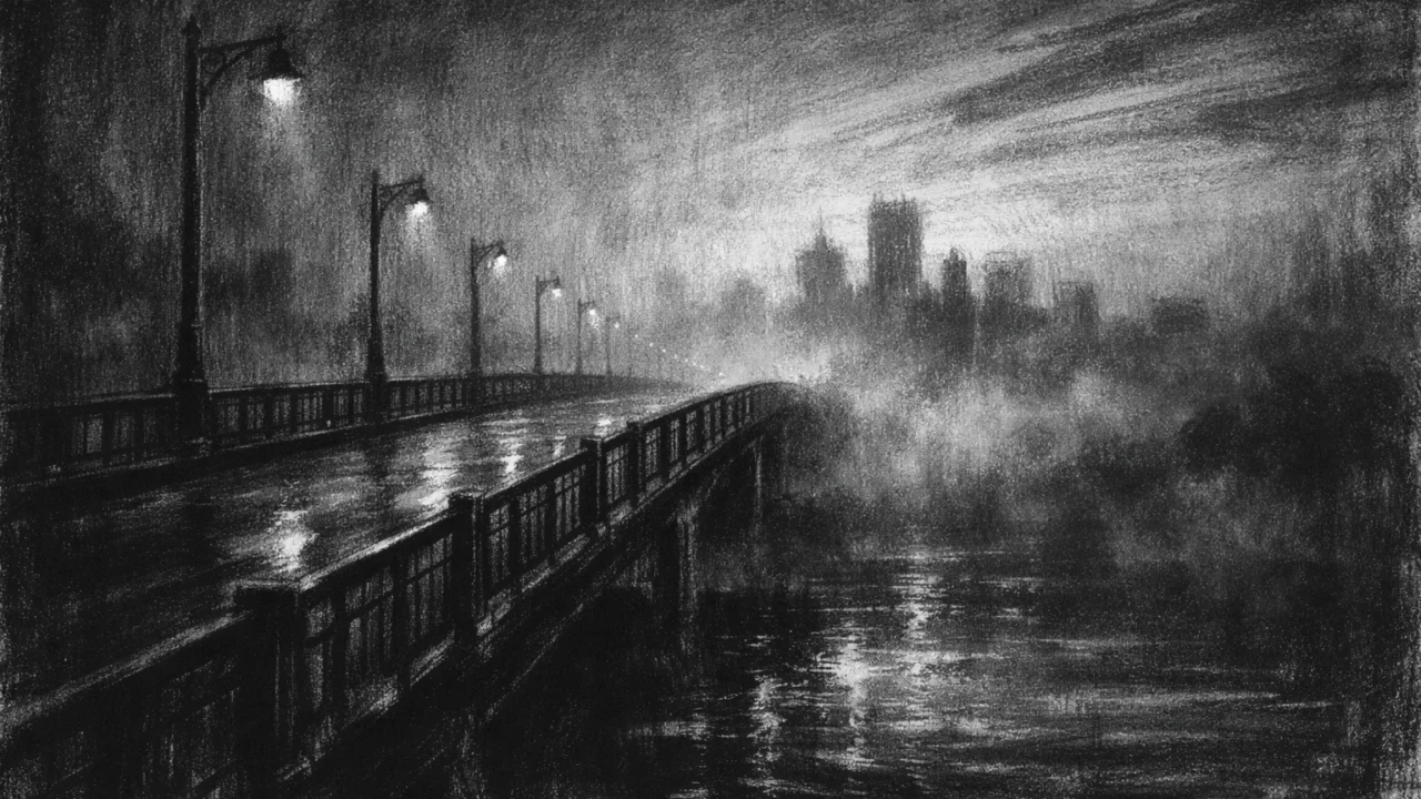 Prazan urbani most u magli s osjećajem samoće i introspekcije, charcoal film noir stil.