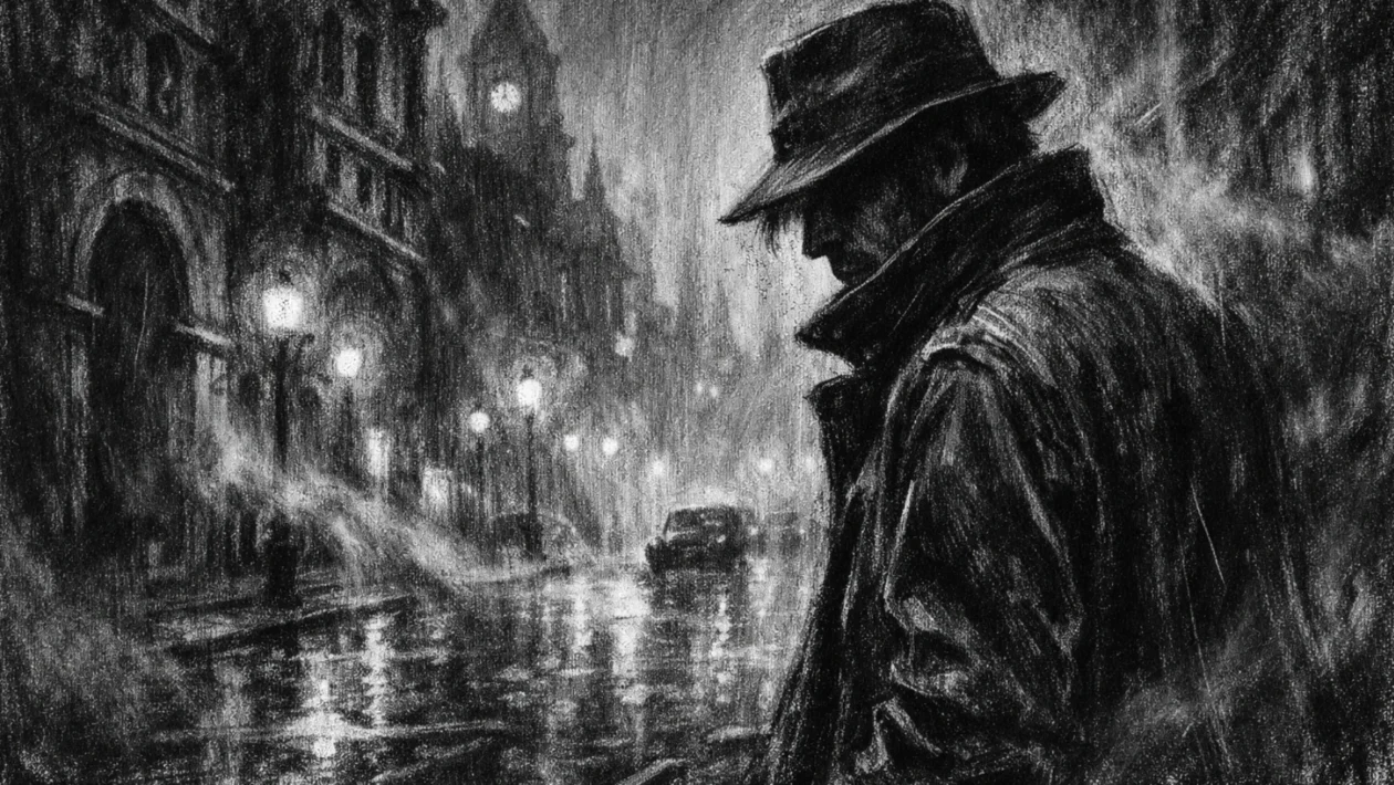 Cinematični poster s usamljenom figurom u kišnoj noći, snažne sjene i anonimna atmosfera, charcoal film noir stil.