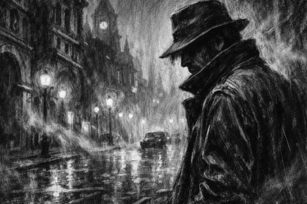 Cinematični poster s usamljenom figurom u kišnoj noći, snažne sjene i anonimna atmosfera, charcoal film noir stil.