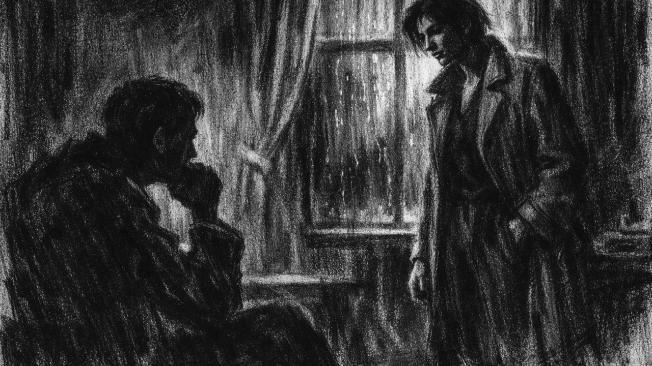 Dvoje ljudi u tihom razgovoru u mračnoj prostoriji, prikazani u charcoal film noir stilu, s naglašenim sjenama i emotivnom napetošću.