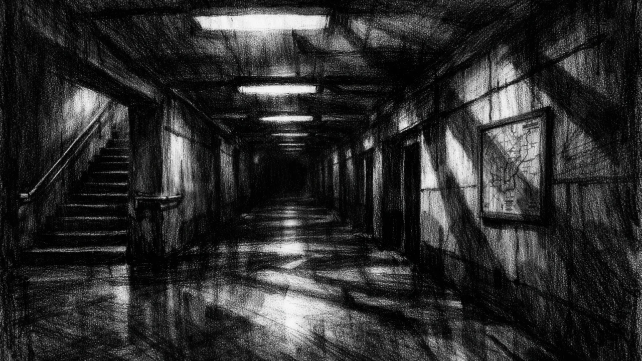 Prazna podzemna stanica s dugim sjenama i oštrom rasvjetom, prikazana u charcoal film noir stilu, koja odiše osjećajem izolacije i nesigurnosti.