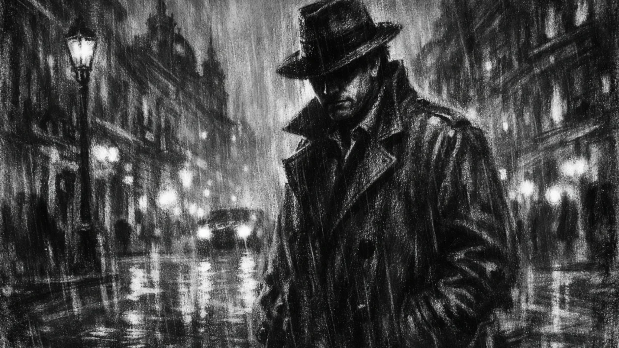 Samotna figura u mračnom europskom gradu, nacrtana u charcoal film noir stilu, s jakim kontrastom i dubokim sjenama koje stvaraju tjeskobnu i introspektivnu atmosferu.