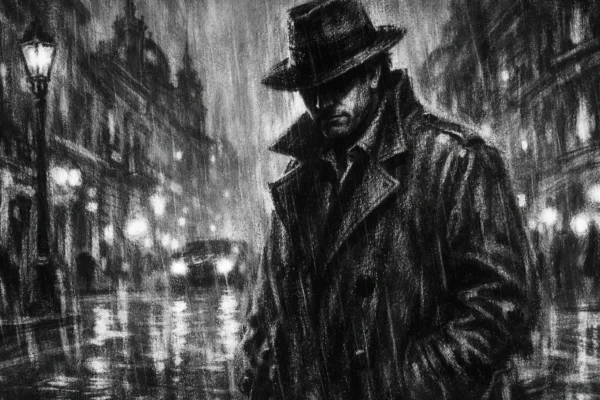 Samotna figura u mračnom europskom gradu, nacrtana u charcoal film noir stilu, s jakim kontrastom i dubokim sjenama koje stvaraju tjeskobnu i introspektivnu atmosferu.