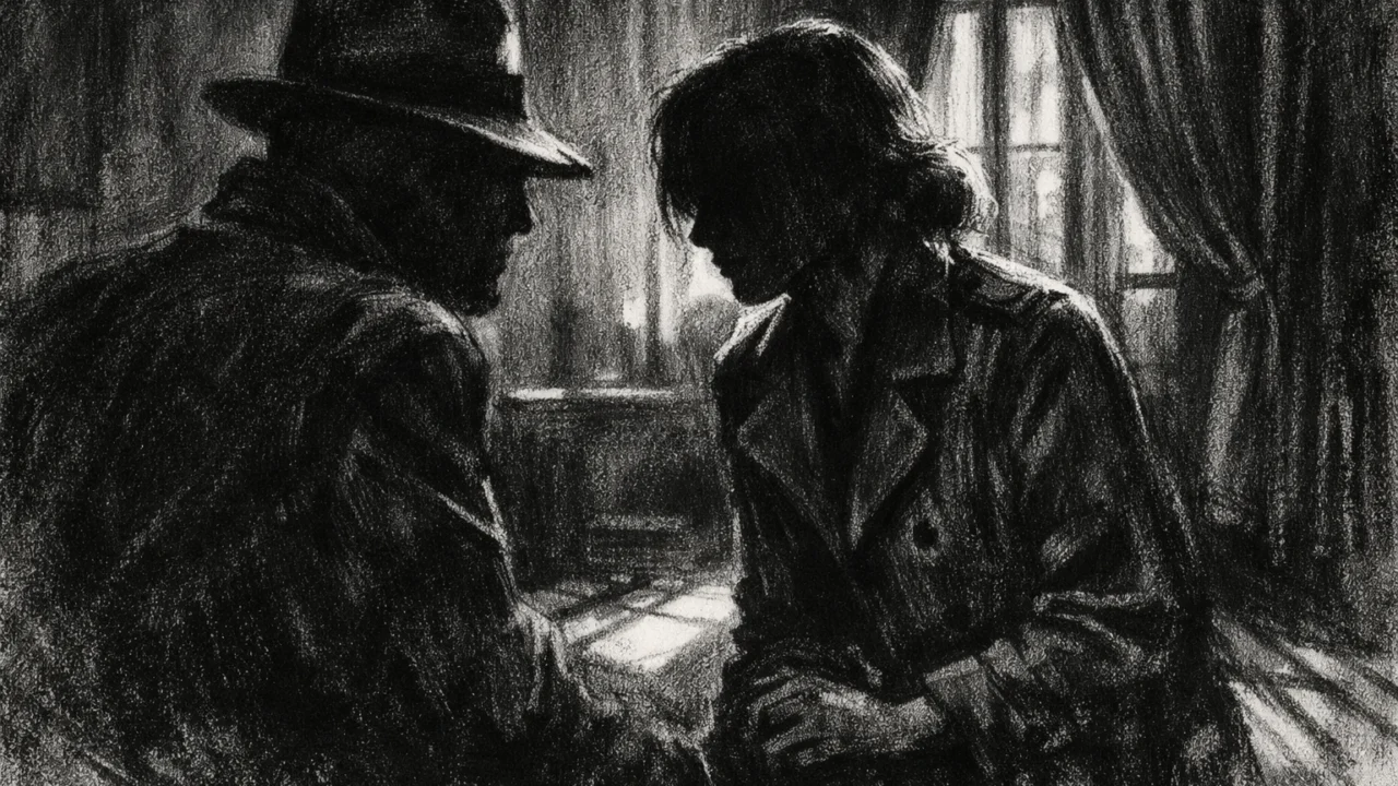 Intimna unutarnja scena u charcoal film noir stilu s dvije anonimne osobe u razgovoru, naglašena snažnim kontrastima, sjenama i suzdržanom emocionalnom napetošću.