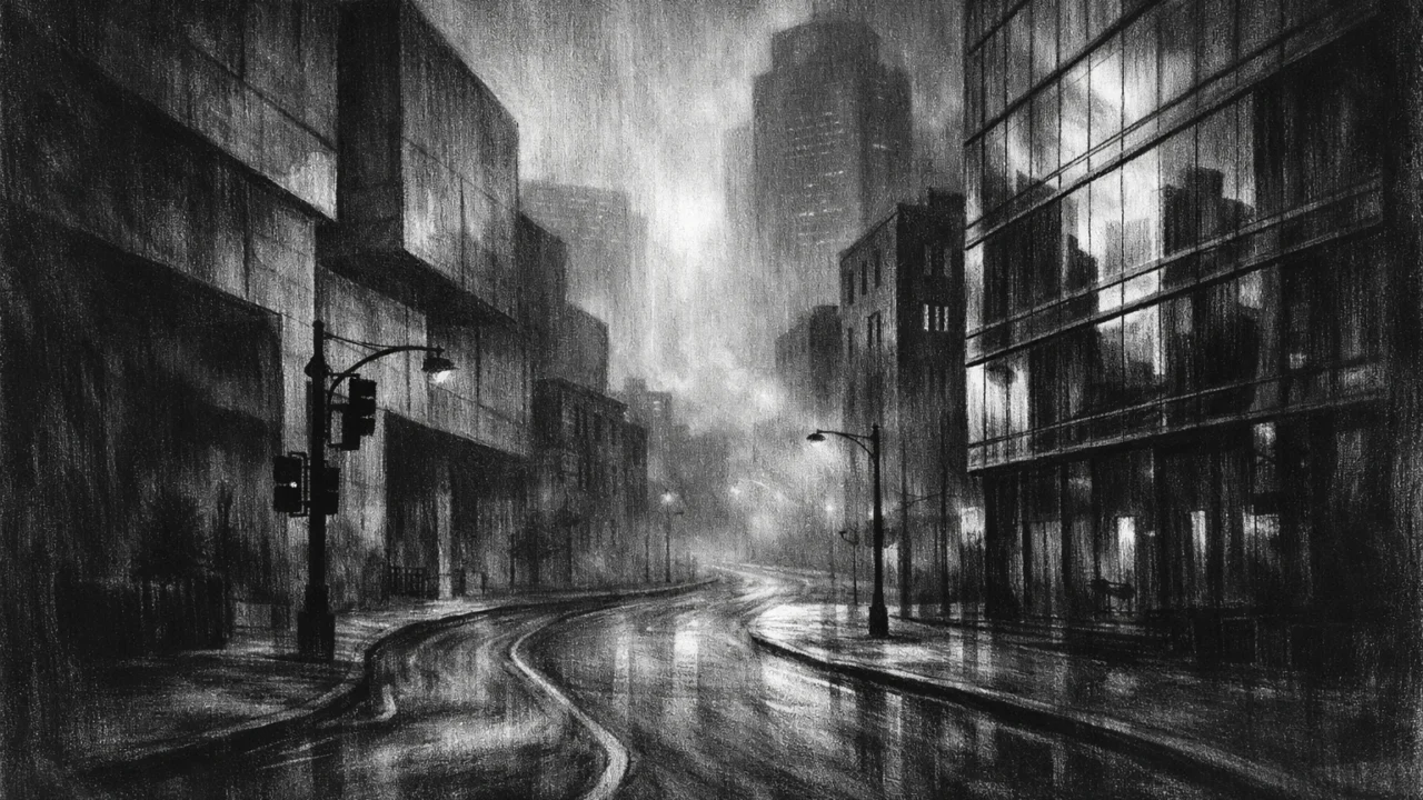 Atmosferski gradski pejzaž u charcoal film noir stilu, s praznim ulicama, maglom i snažnim kontrastima koji stvaraju osjećaj samoće i potrage.