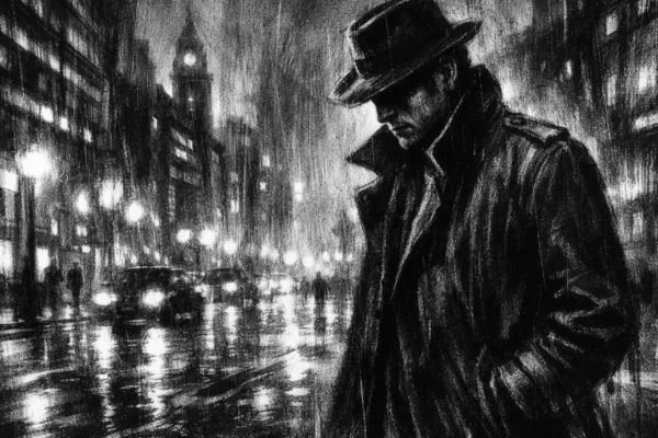 Crno-bijela scena u charcoal film noir stilu prikazuje usamljenu figuru na noćnoj gradskoj ulici, s dubokim sjenama, jakim kontrastom i melankoličnom atmosferom.