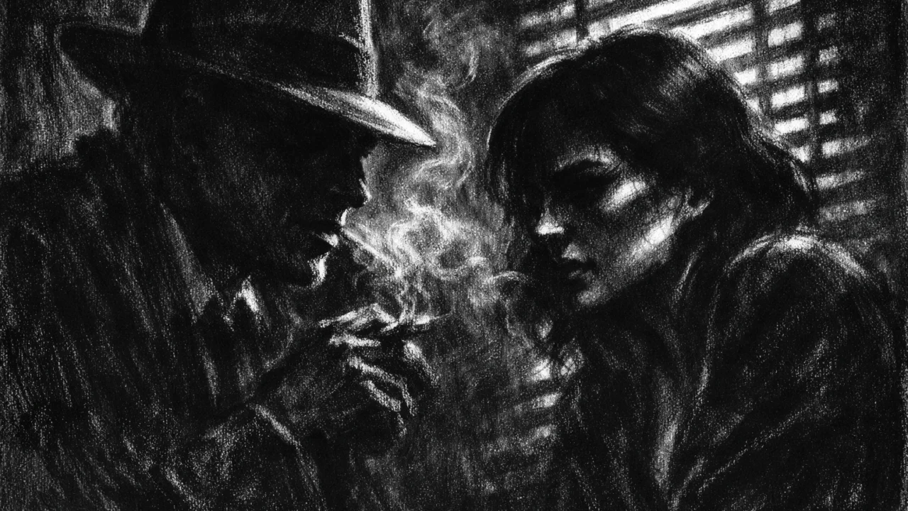 Dramatična unutarnja scena u charcoal film noir stilu: dvije osobe u razgovoru, pruge svjetla i sjene, visoki kontrast i tjeskobno raspoloženje.
