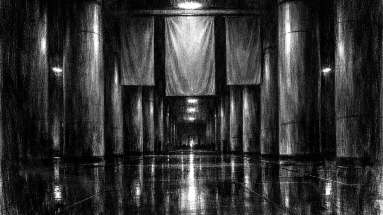 Simbolično okruženje u charcoal film noir stilu: prazni korporativni hodnik, monumentalna arhitektura, snažne sjene i hladna, turobna atmosfera.