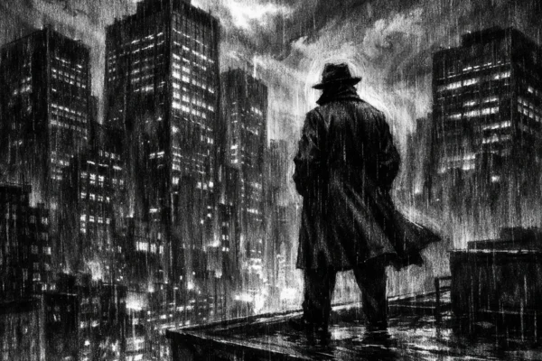 Filmski poster u charcoal film noir stilu: usamljena figura na krovu grada, snažni kontrasti crnog i bijelog, duboke sjene i mračna atmosfera.