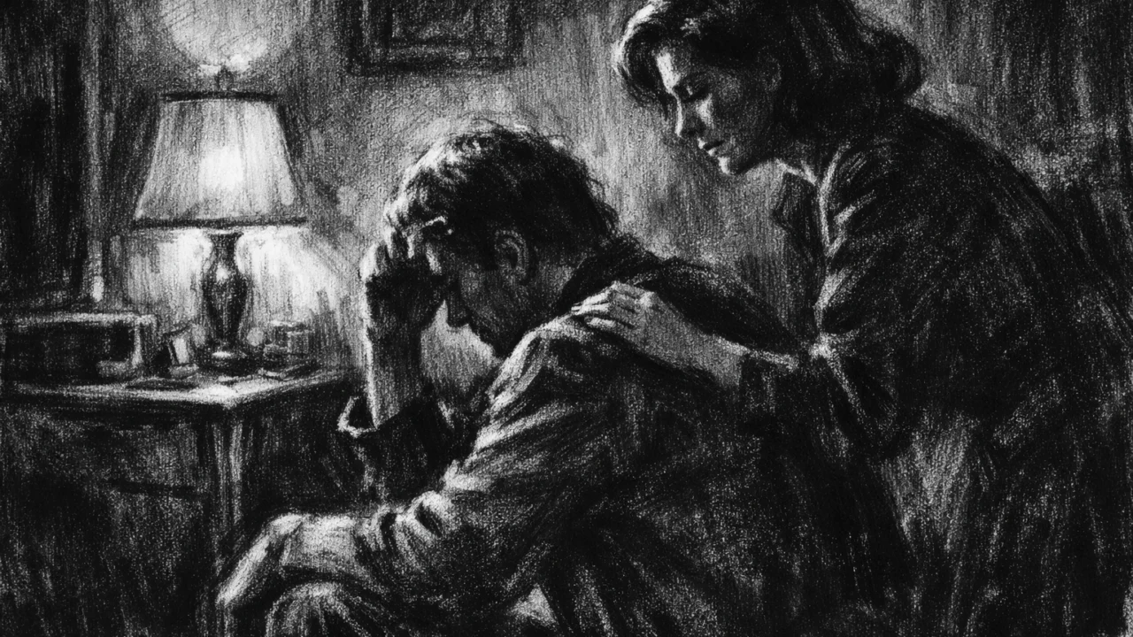 Dvoje ljudi u tihom razgovoru u mračnoj sobi, emotivna napetost i suptilna nada, charcoal film noir stil.