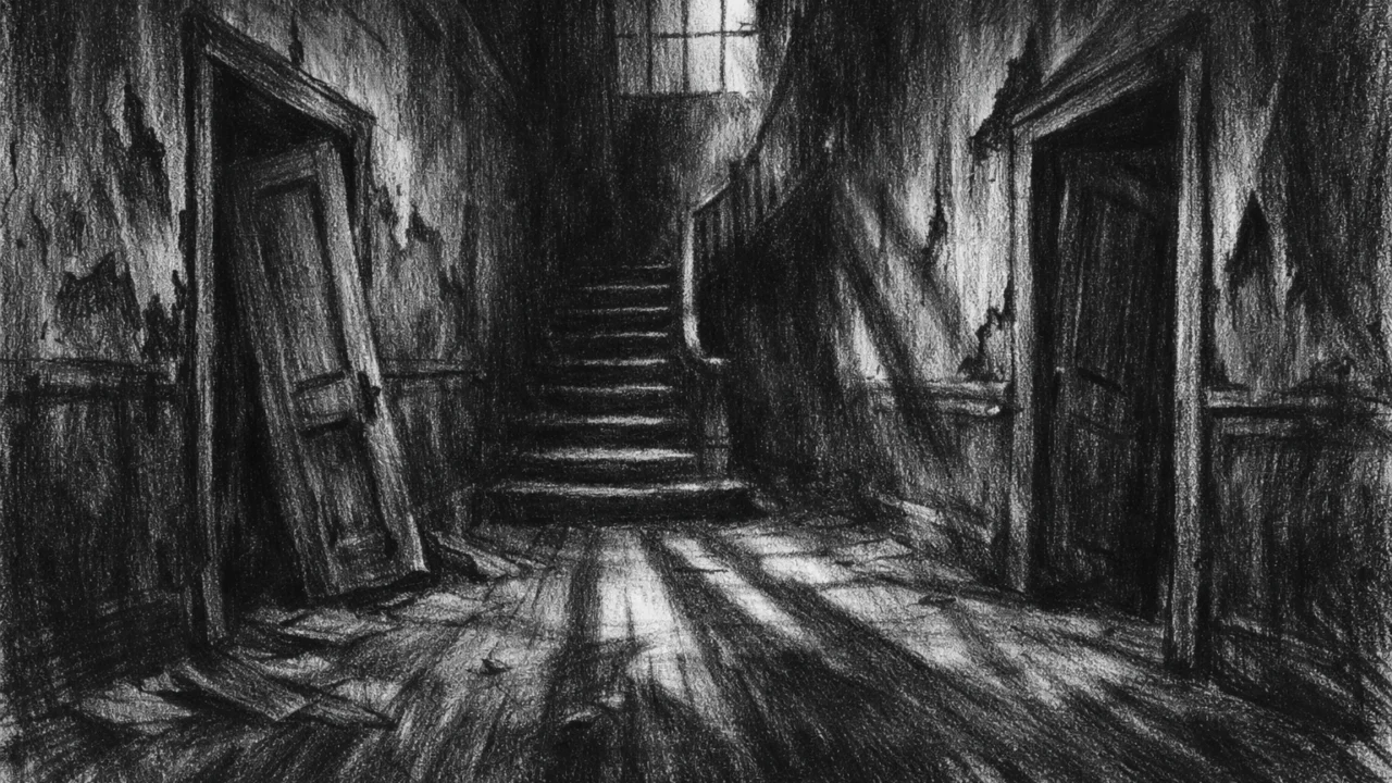 Sablasni interijer hodnika s dugim sjenama i mjesečinom, osjećaj misterije i nelagode, charcoal film noir stil.
