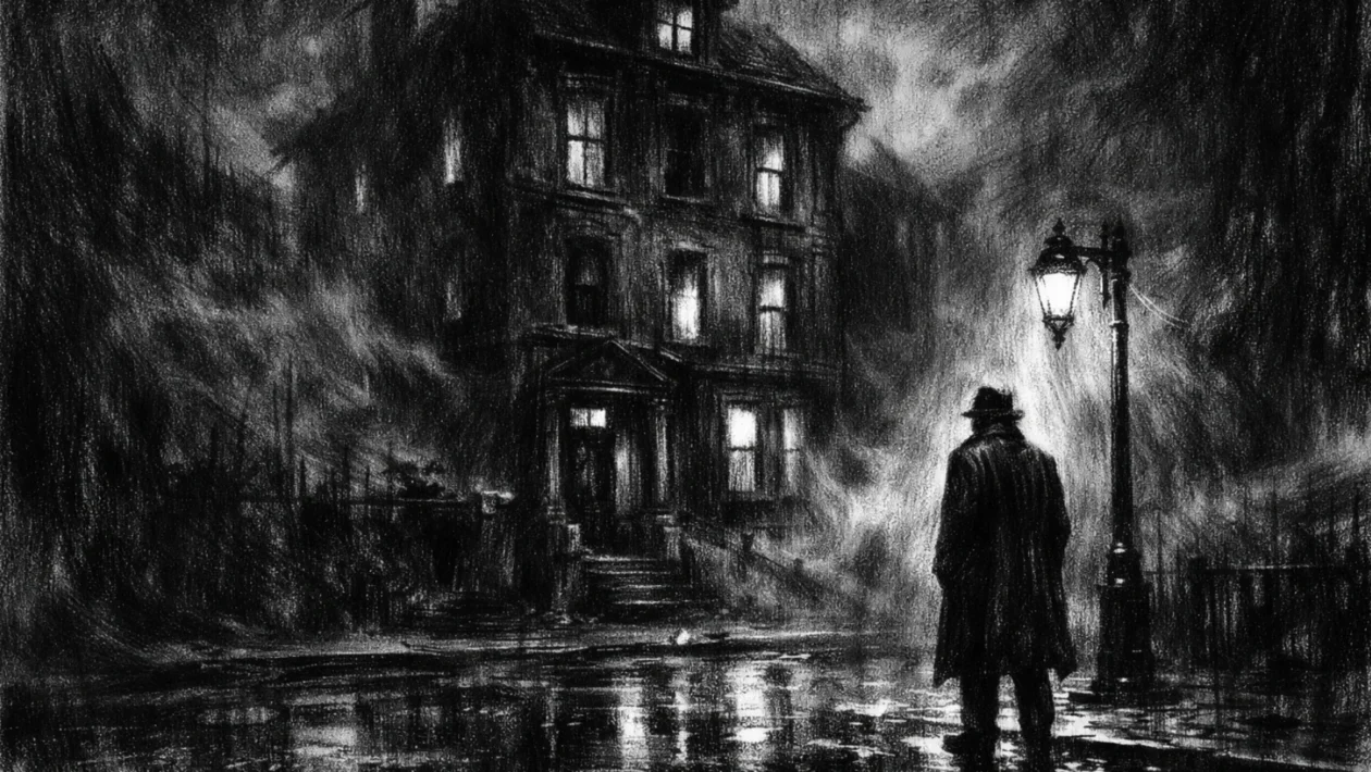 Kinematografski poster s mračnom kućom i usamljenom figurom, snažne sjene i tjeskobna atmosfera, charcoal film noir stil.