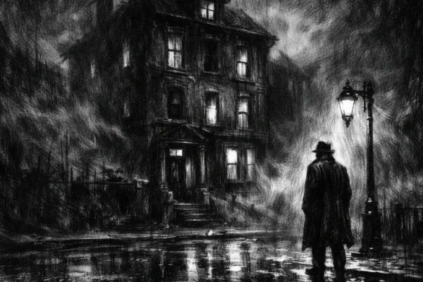 Kinematografski poster s mračnom kućom i usamljenom figurom, snažne sjene i tjeskobna atmosfera, charcoal film noir stil.