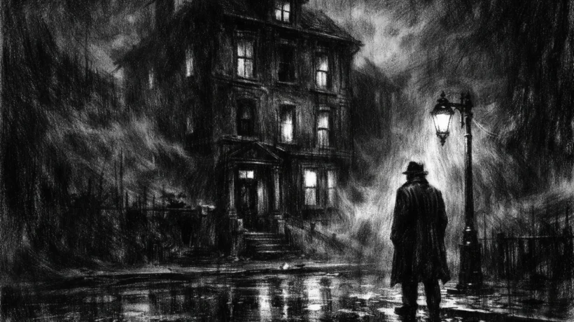 Kinematografski poster s mračnom kućom i usamljenom figurom, snažne sjene i tjeskobna atmosfera, charcoal film noir stil.