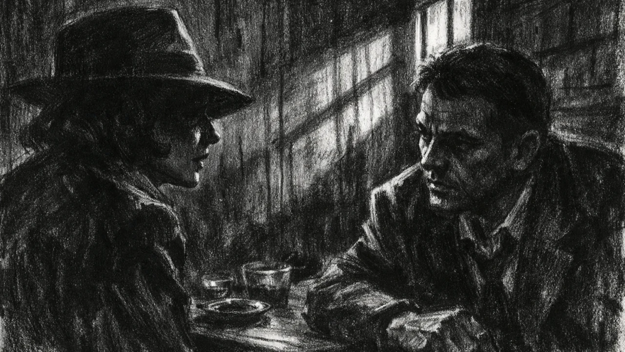 Unutarnja scena s dvije osobe u tihom razgovoru, snažan kontrast svjetla i sjene, emocionalna napetost u charcoal film noir stilu.