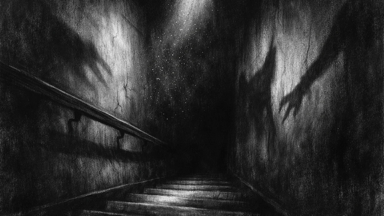 Prazno stubište koje tone u tamu, simbolična i tjeskobna scena s jakim sjenama u charcoal film noir stilu.