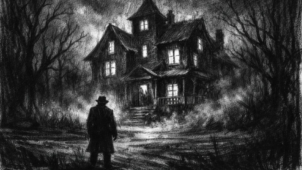 Cinematic poster s usamljene figure ispred stare kuće, mračna atmosfera, duboke sjene i dramatično svjetlo u charcoal film noir stilu.