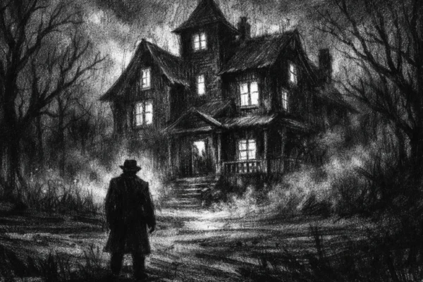 Cinematic poster s usamljene figure ispred stare kuće, mračna atmosfera, duboke sjene i dramatično svjetlo u charcoal film noir stilu.