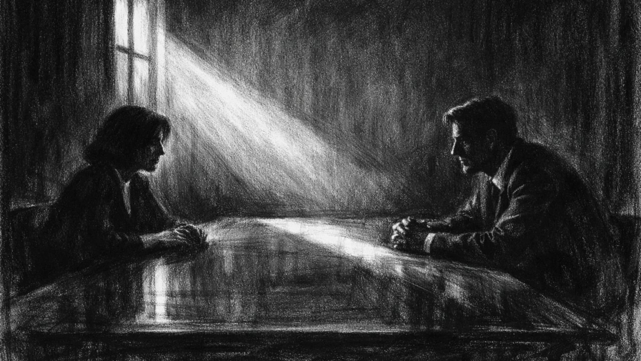 Dvoje ljudi u napetom razgovoru u polumraku, naglašene sjene i emocije, charcoal film noir stil