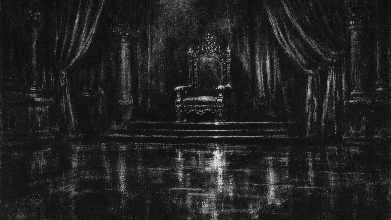 Prazna monumentalna dvorana koja simbolizira moć i samoću, tamni kontrasti, charcoal film noir stil