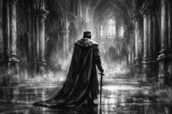 Usamljena figura u monumentalnom interijeru palače, snažne sjene i ozbiljna atmosfera, charcoal film noir stil