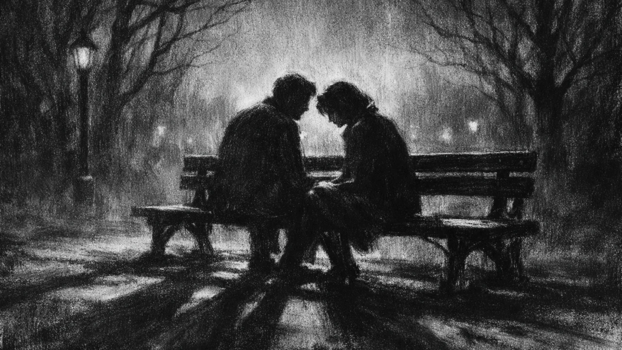 Emotivna scena dvoje ljudi na klupi, prikazana u charcoal film noir stilu, s naglašenim kontrastom, sjenama i osjećajem prolazne ljubavi.