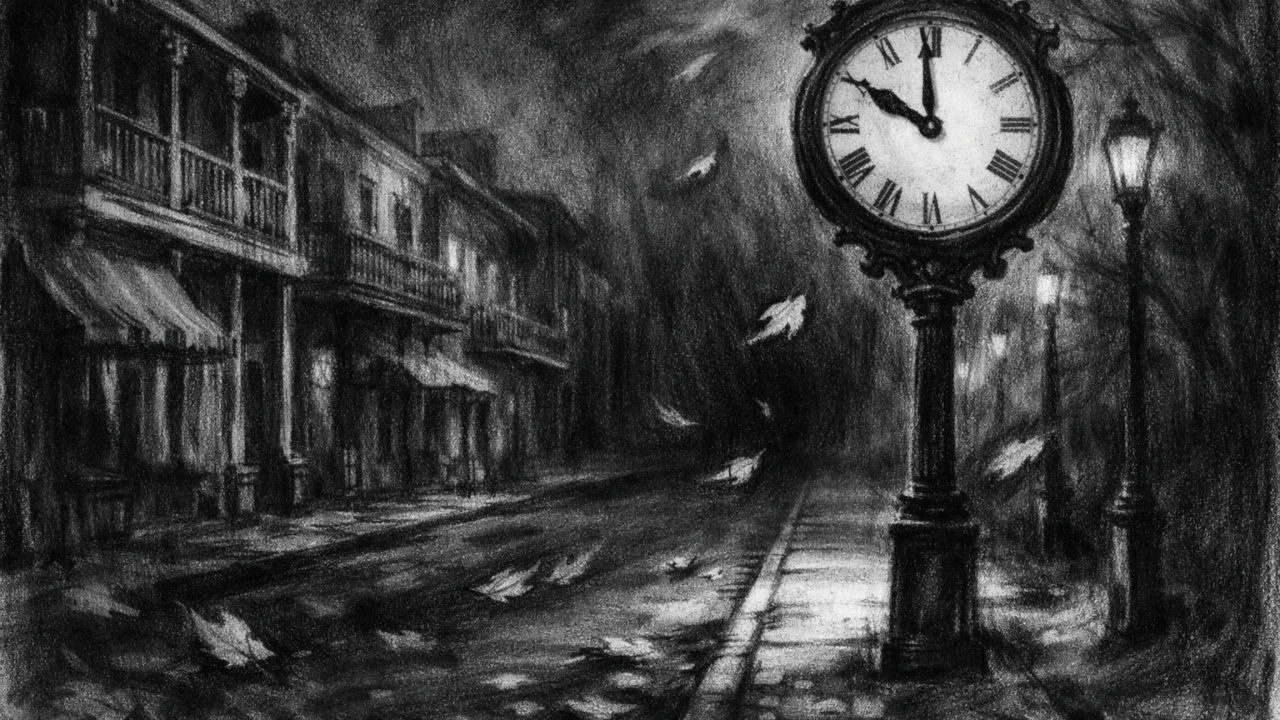 Atmosferski ambijent u charcoal film noir stilu, crno-bijela ulica s dubokim sjenama koja simbolizira vrijeme, sjećanja i prolaznost.