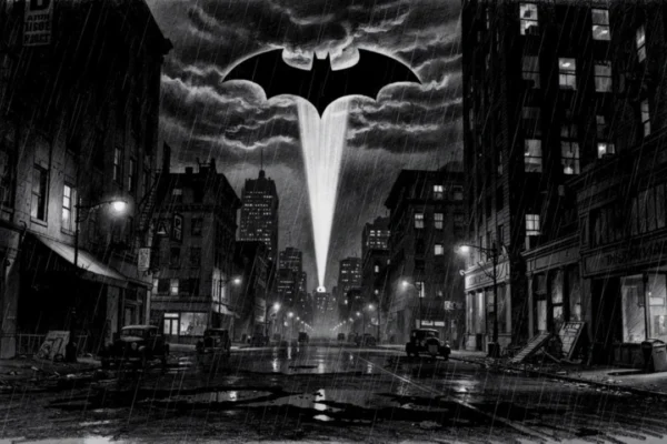 Gotham noću s Bat-Signalom na nebu, simbol nade i kaosa u charcoal film noir stilu, crno-bijela i izrazito mračna scena.