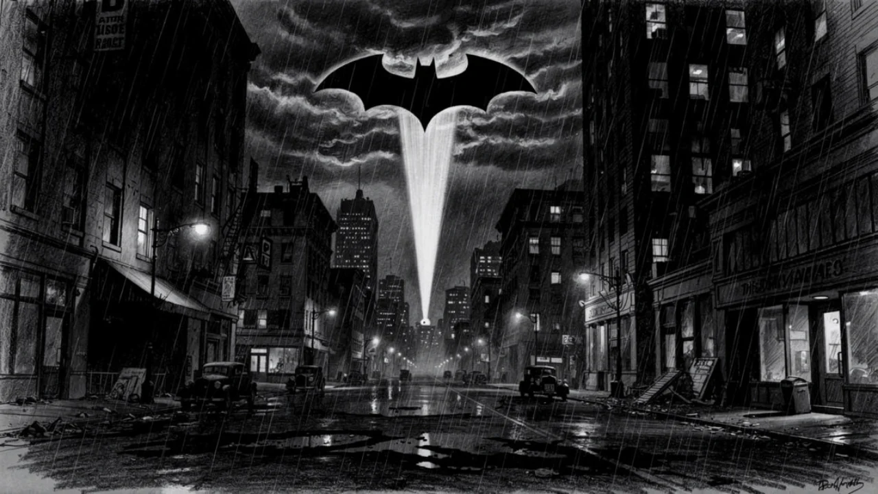 Gotham noću s Bat-Signalom na nebu, simbol nade i kaosa u charcoal film noir stilu, crno-bijela i izrazito mračna scena.
