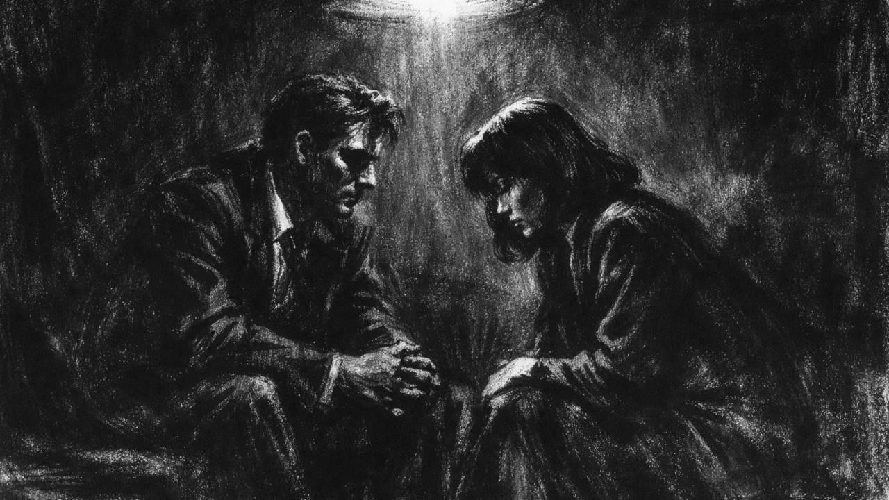 Emotivni susret dviju osoba u charcoal film noir stilu, crno-bijela slika s dubokim sjenama i suptilnom tugom.